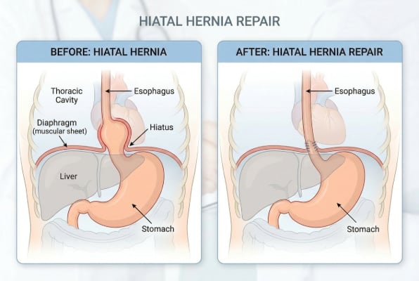Hiatal hernia surgery repositions stomach below diaphragm