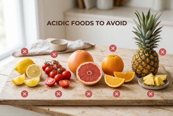 Fruits that can worsen acidity citrus, tomatoes, pineapple