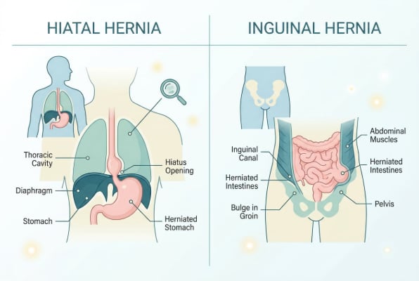 Hiatal hernia versus inguinal hernia comparison