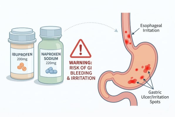 NSAIDs like ibuprofen can cause stomach and esophageal ulcers