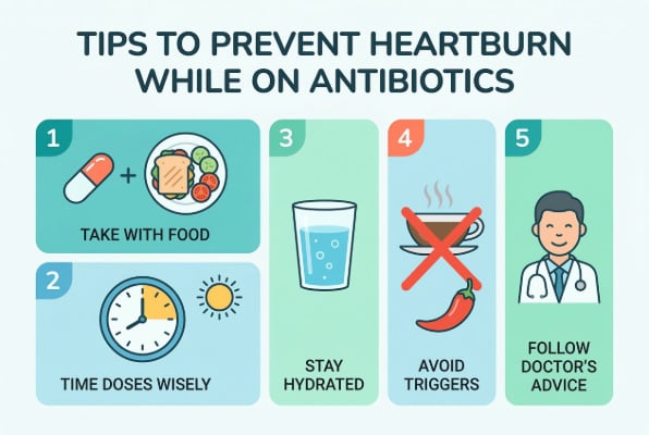 Tips to prevent heartburn while taking antibiotics