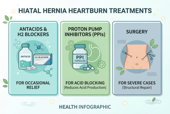 Medical treatments for hiatal hernia heartburn
