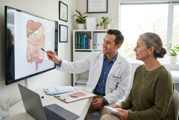 Patient consulting with surgeon about hernia surgery options