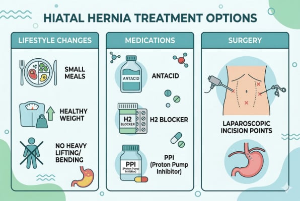 Hiatal hernia treatment lifestyle, medications, and surgery