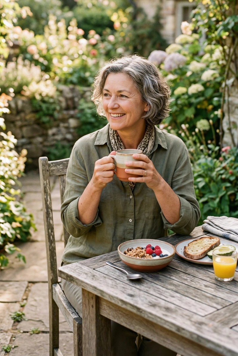 Happy adult enjoying a meal outdoors in natural morning light Happy adult enjoying a meal outdoors in natural morning light