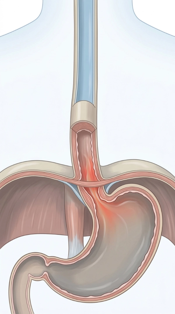 Medical diagram of stomach acid flowing up into the esophagus