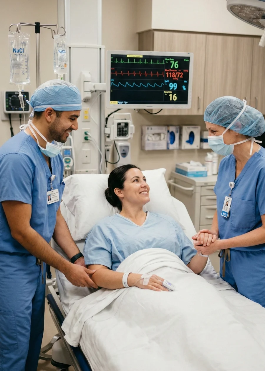 Smiling patient with nurses in medical suite Smiling patient with nurses in medical suite