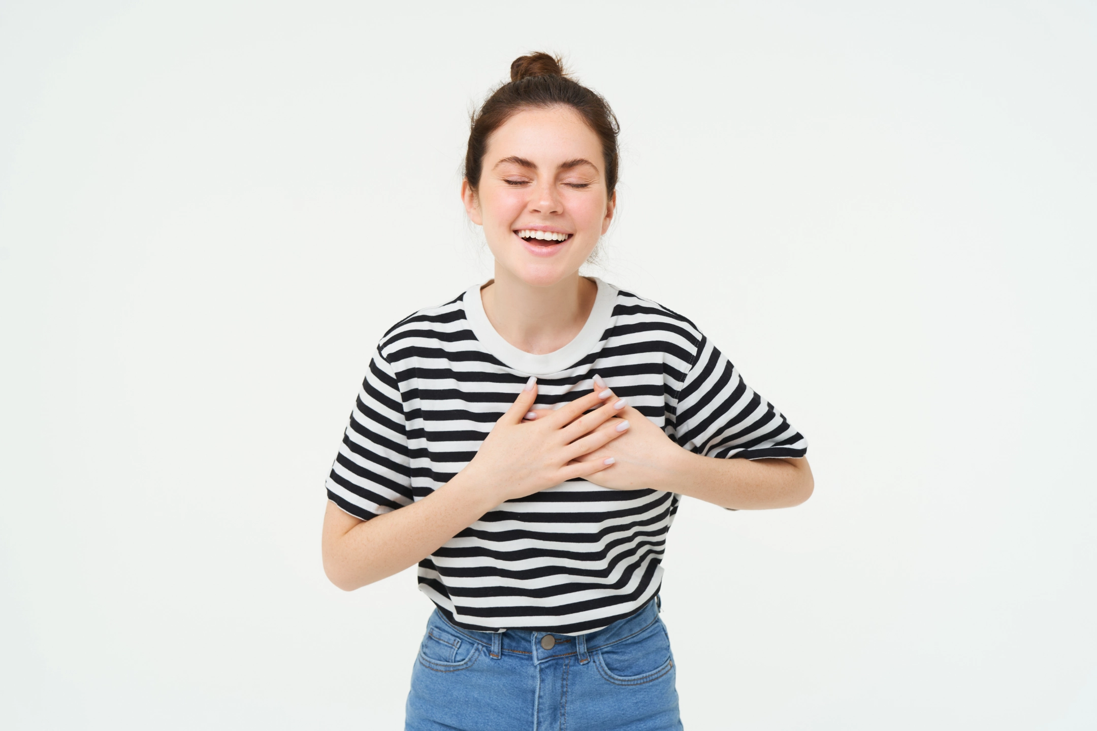 Women with heartburn happy holding chest Women with heartburn happy holding chest