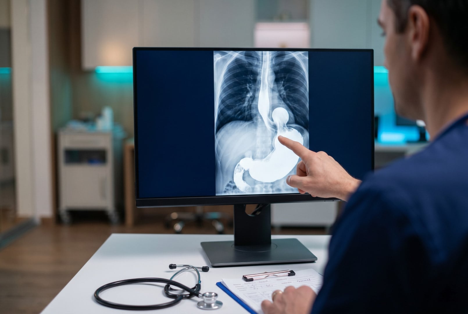 Doctor reviewing barium swallow X-ray showing hiatal hernia diagnosis