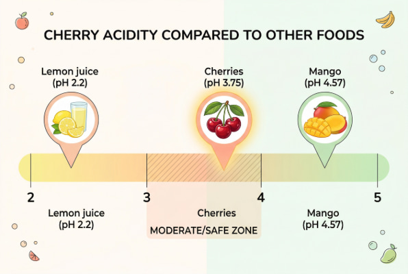 Cherries on the pH acidity scale compared to other fruits
