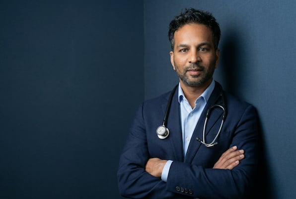 Dr. Grandhige leaning on a wall with arms crossed