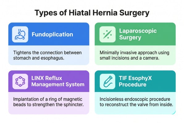 Types of hiatal hernia surgery fundoplication, laparoscopic, LINX, and TIF EsophyX