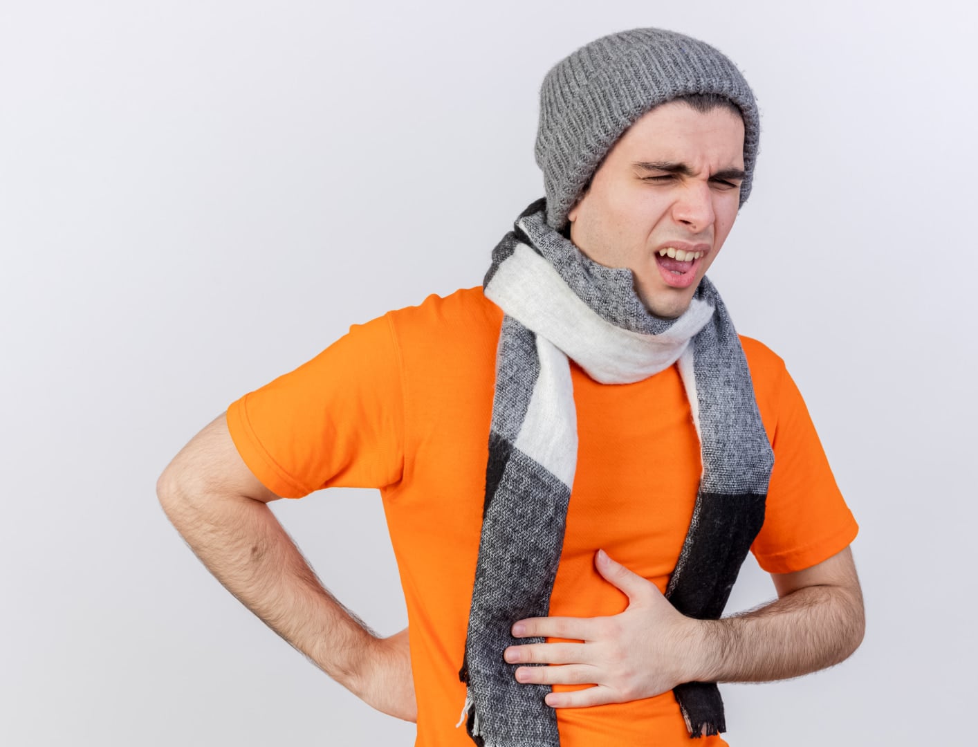 Person with hiatal hernia wearing orange shirt