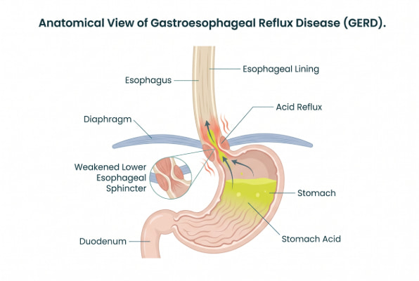 2-Diagram of weakened LES causing acid reflux explaining why low acid juice helps