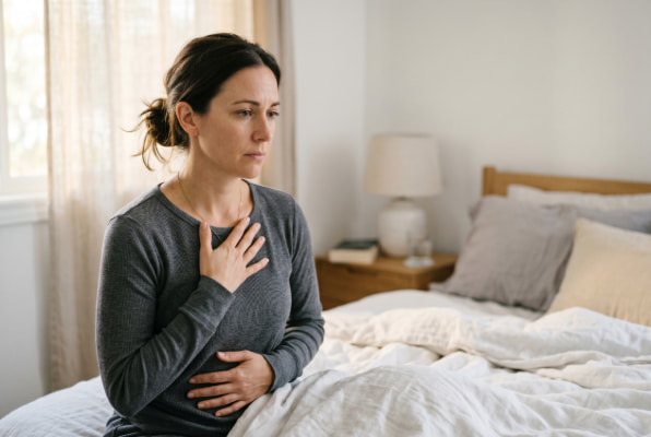 Woman feeling heartburn from anxiety and stress