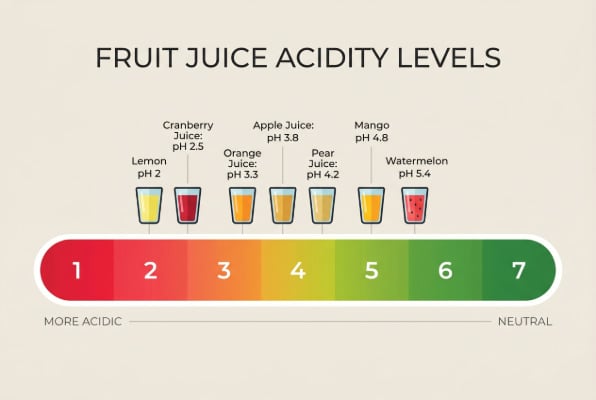 Infographic visualization of a pH scale from 1 to 7 with juice icons placed at their pH positions.