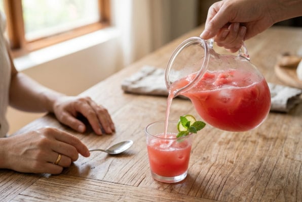 Pouring low acid watermelon juice in a small portion with a meal for GERD prevention