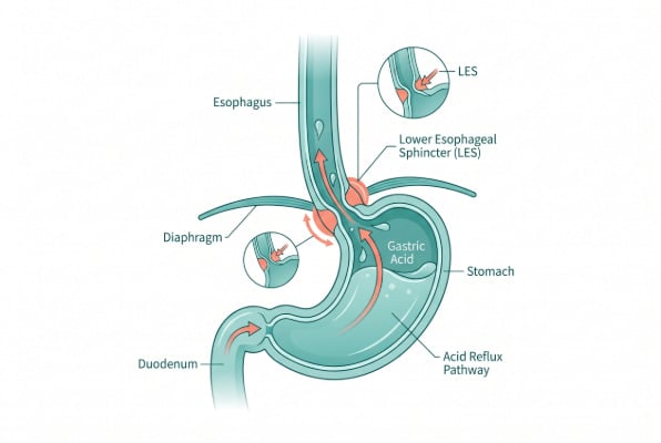 Anatomy of acid reflux showing weak lower esophageal sphincter