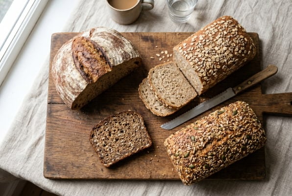 Four whole grain bread types for acid reflux diet on wooden board