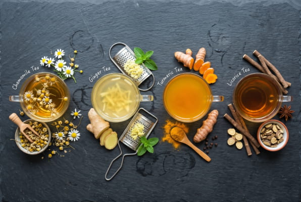 Four herbal teas compared side by side for acid reflux: chamomile, ginger, turmeric, licorice