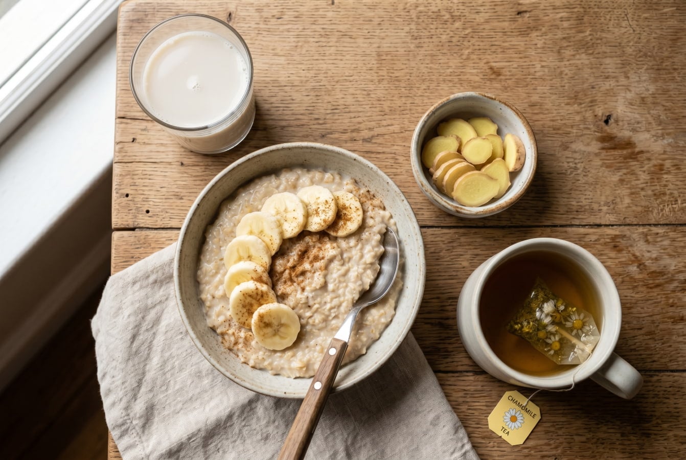 Bowl of oatmeal, banana, ginger, and almond milk as natural home remedies for acid reflux