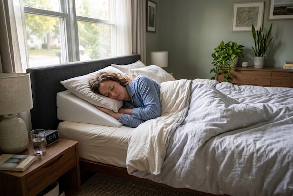 Woman sleeping on her left side with raised bed to prevent acid reflux