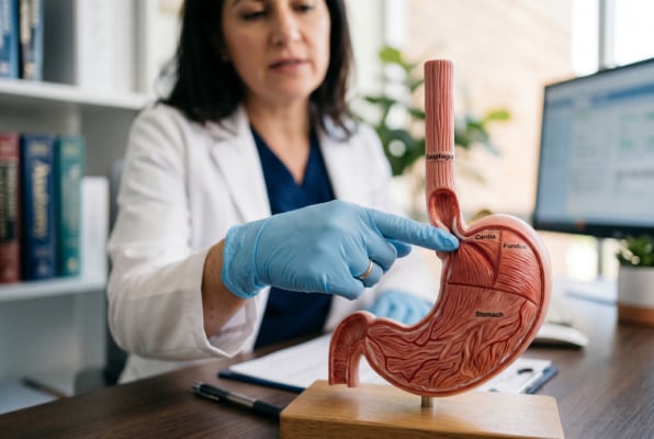 Doctor showing lower esophageal sphincter anatomy during acid reflux consultation