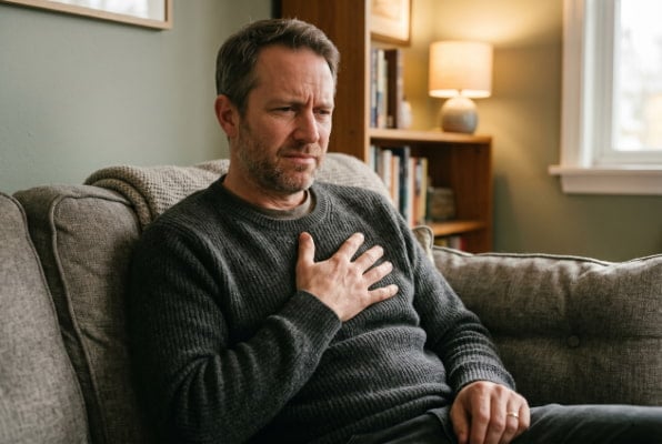 Man holding chest experiencing heartburn from acid reflux