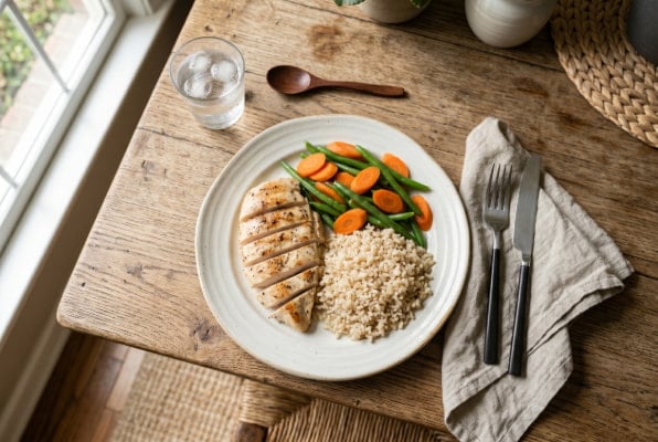 Smaller portion reflux-friendly meal with lean chicken, brown rice, and mild vegetables