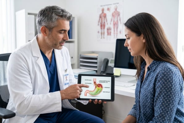 Board-certified reflux surgeon consulting with patient about acid reflux treatment options