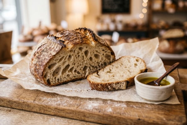 Long-fermented sourdough bread sliced open showing crumb for reflux diet