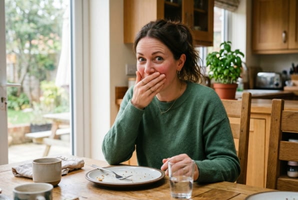 Woman covering mouth from frequent burping linked to acid reflux