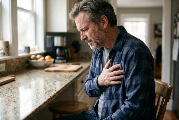 Person experiencing acid reflux chest burning sensation after meal