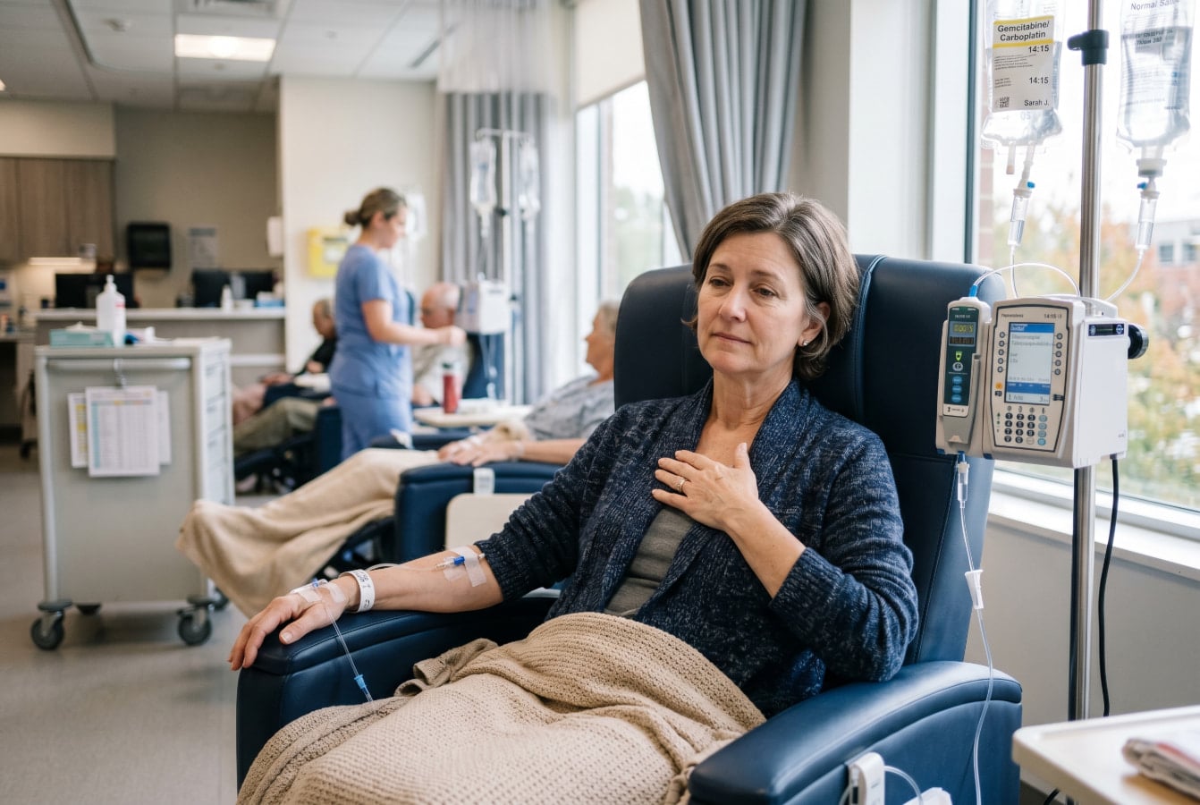 Woman experiencing acid reflux from chemo during infusion treatment