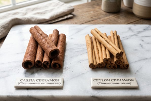 Cassia versus Ceylon cinnamon sticks shown side by side for reflux comparison