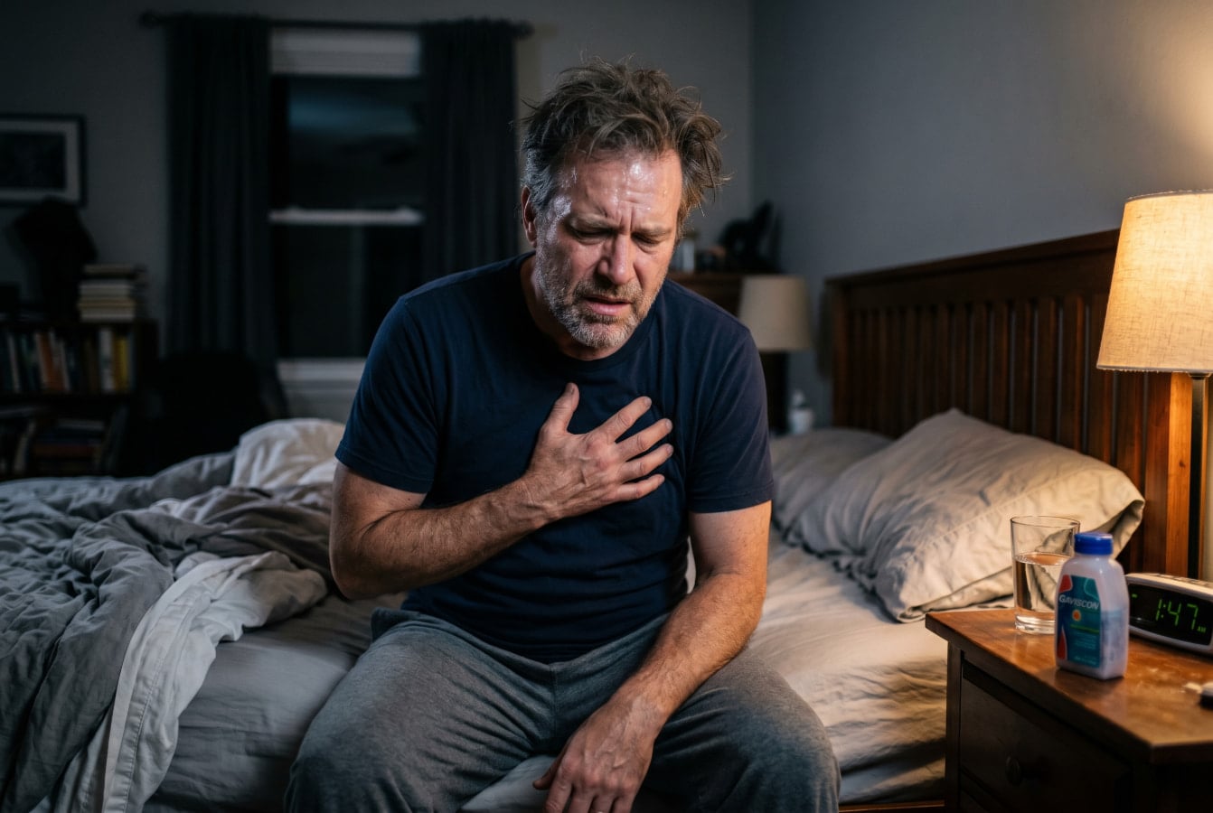 Man experiencing Cialis heartburn at night holding chest in bedroom