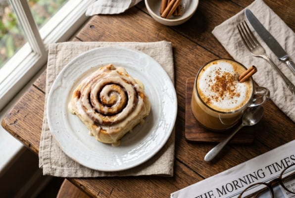 Cinnamon roll and pumpkin spice latte, common high-fat reflux trigger foods
