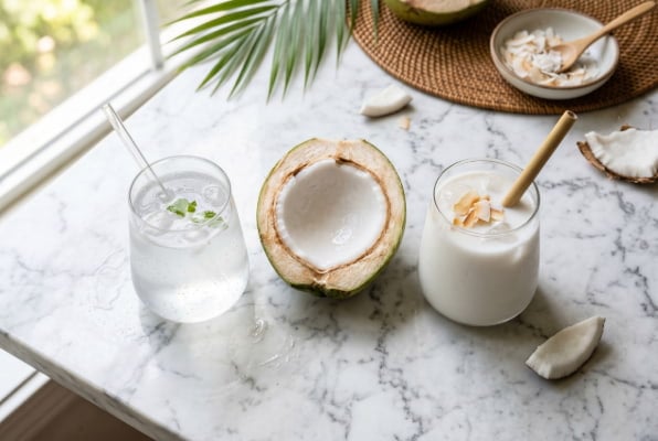 Coconut water and coconut milk side by side showing visual difference for reflux sufferers