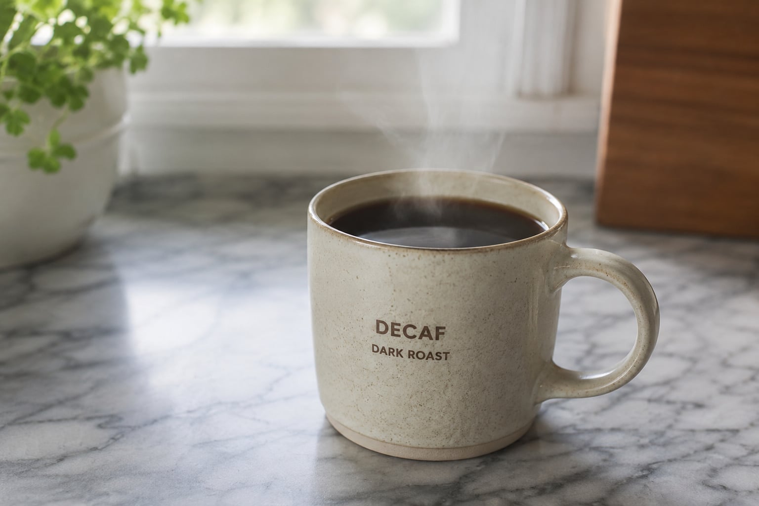 Cup of dark roast decaf coffee on counter, a gentler option for acid reflux sufferers