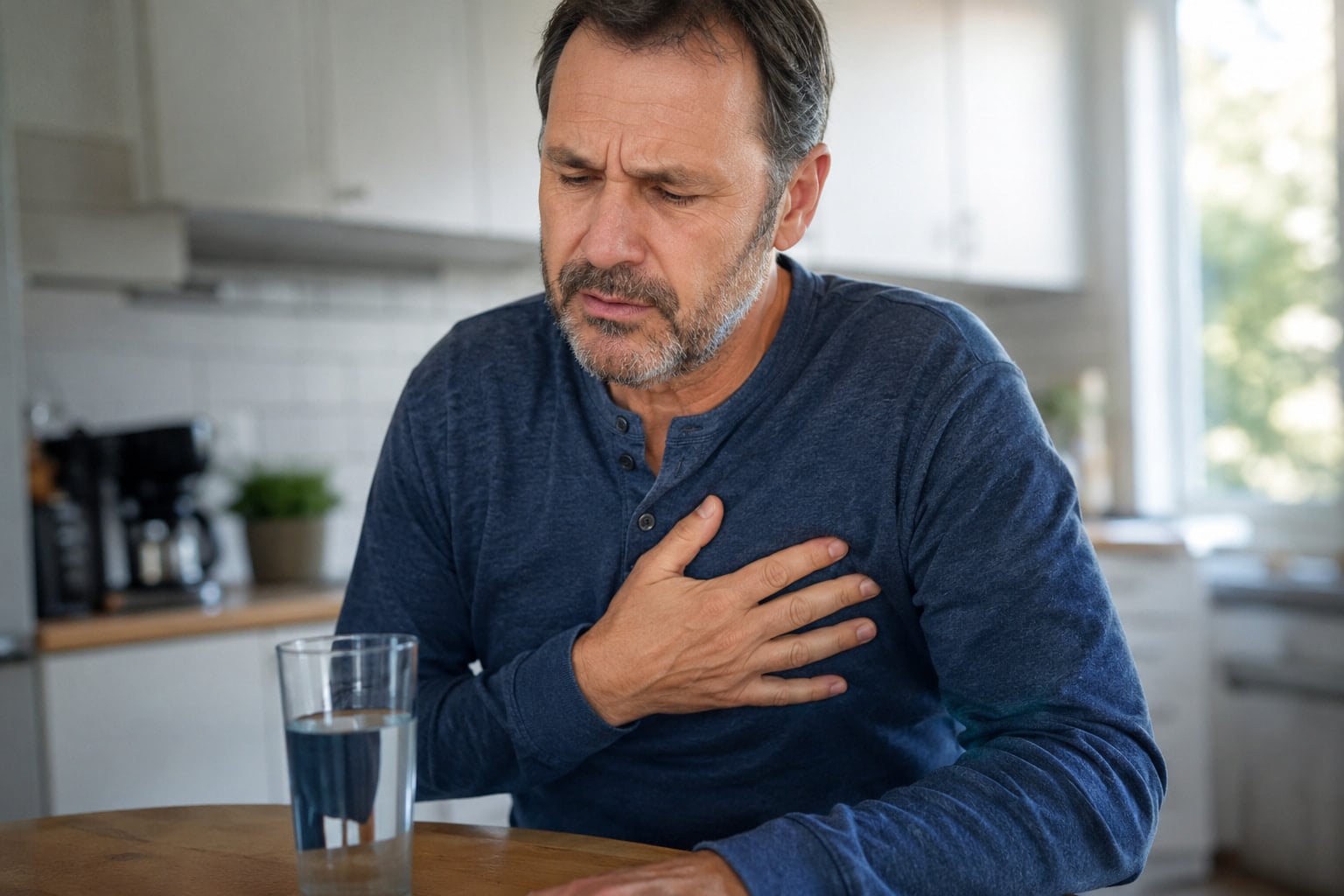 Man with heartburn discomfort holding chest near a glass of water at home