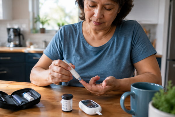 Person testing blood sugar, a key factor linking diabetes and acid reflux