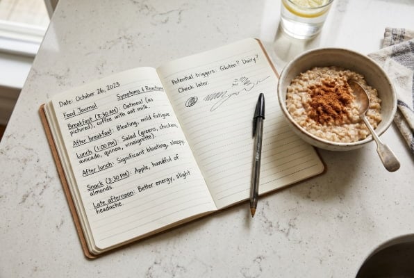 Food journal and oatmeal used in a cinnamon elimination test for acid reflux