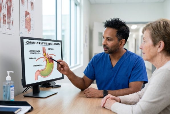 Foregut surgeon consulting with cancer survivor about acid reflux surgery options