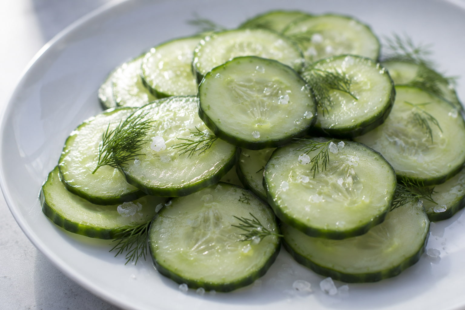 Fresh sliced cucumbers on a white plate as a reflux-friendly snack option