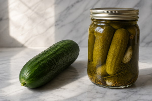 Fresh cucumber and jar of dill pickles side by side showing the GERD difference