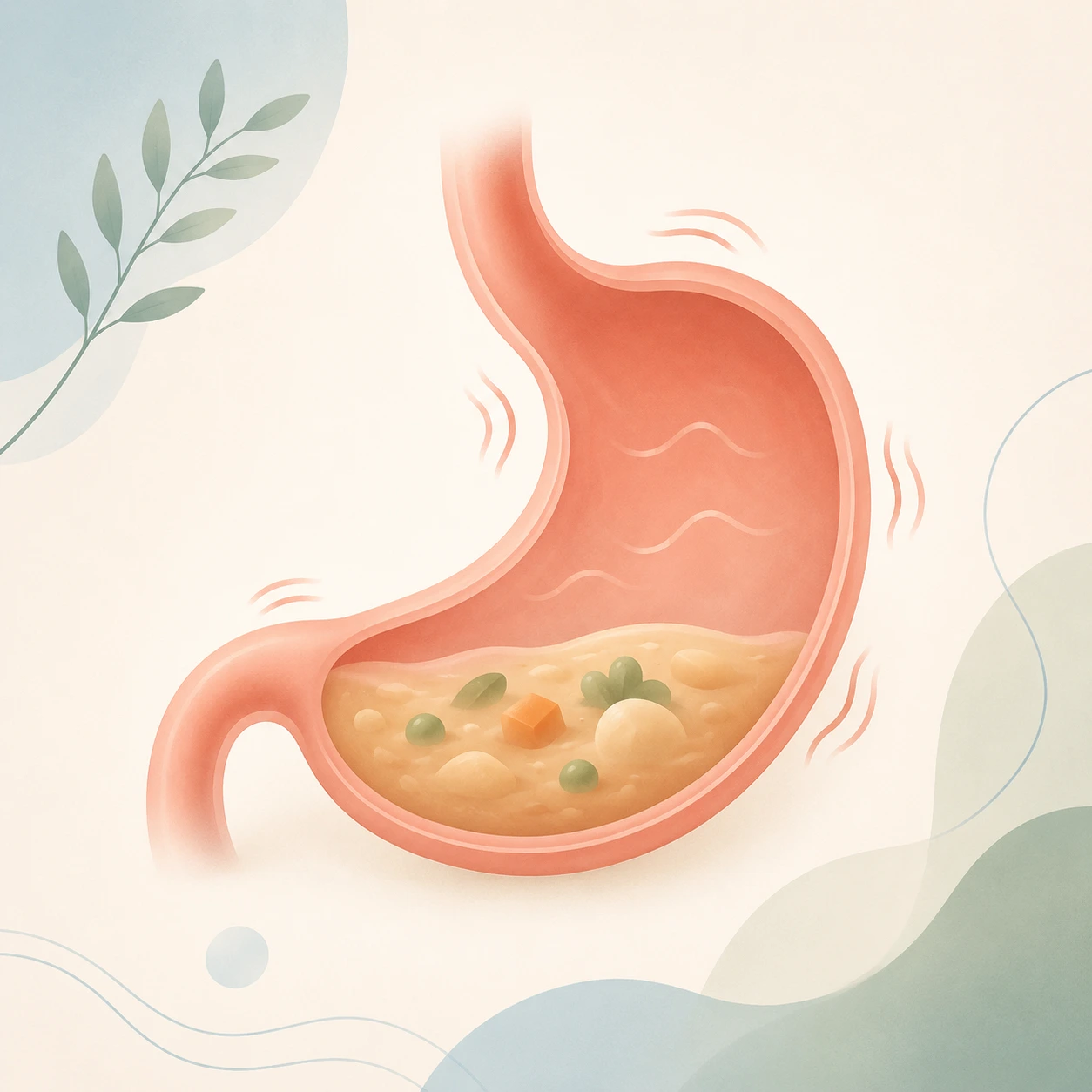 Illustration of the stomach with delayed emptying, where weak muscle contractions leave food sitting longer than normal
