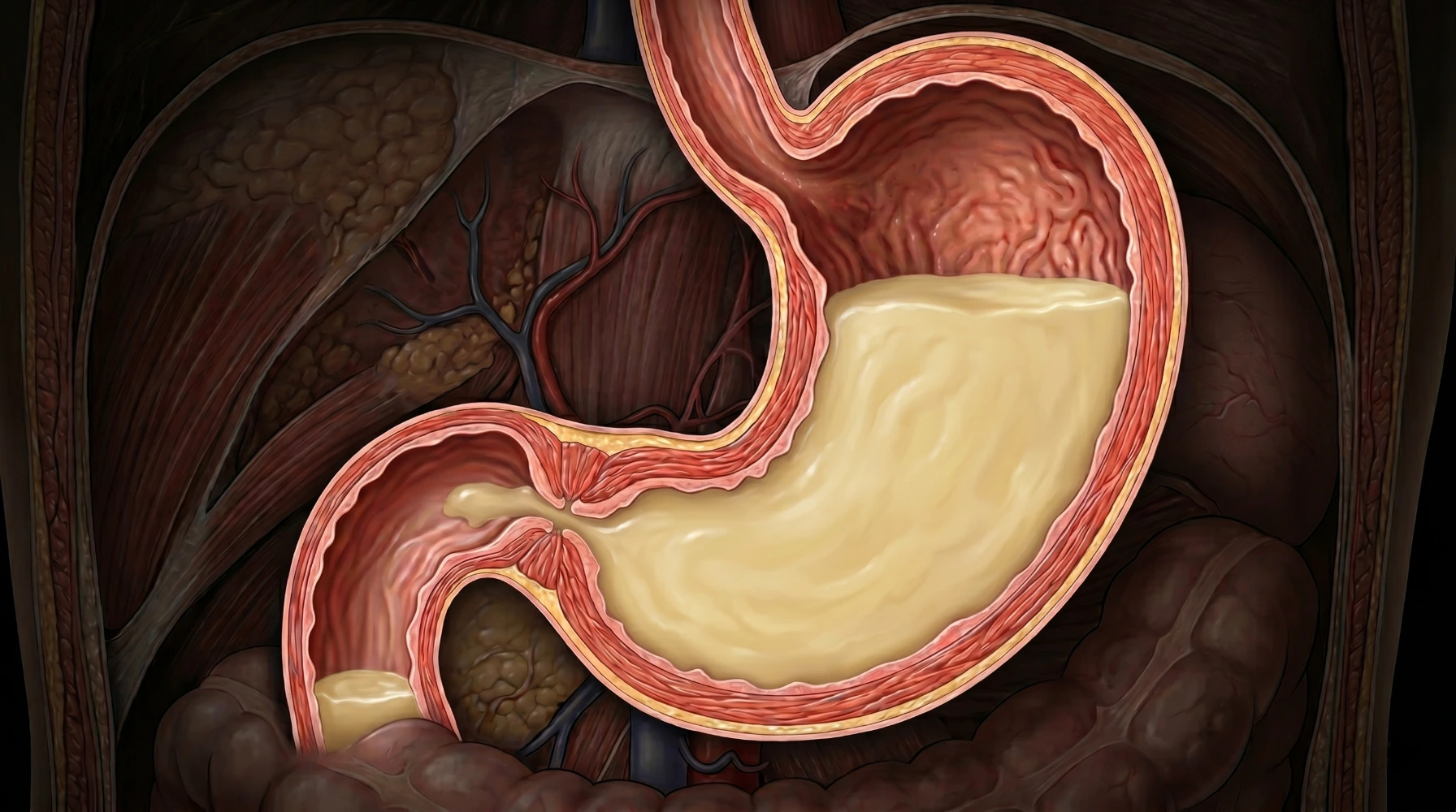 gastroparesis-pylorus-st-petersburg Cross-section illustration of the stomach and pylorus showing delayed gastric emptying in gastroparesis