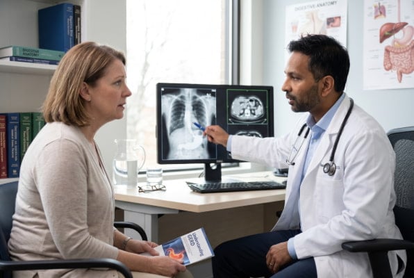 Patient consulting a board-certified foregut surgeon about persistent acid reflux symptoms