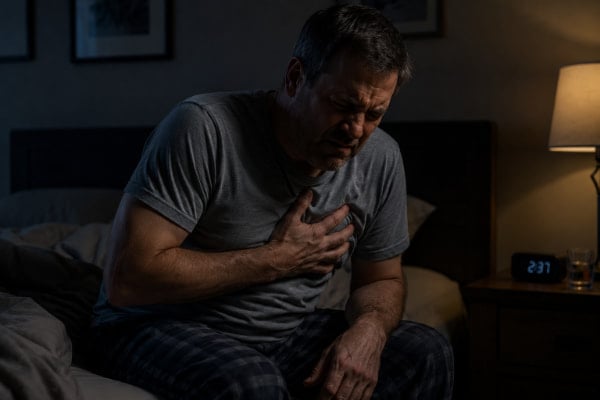 Man experiencing nighttime heartburn and acid reflux chest discomfort
