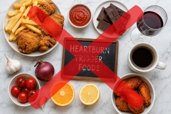 Common heartburn trigger foods including fried items chocolate coffee and citrus
